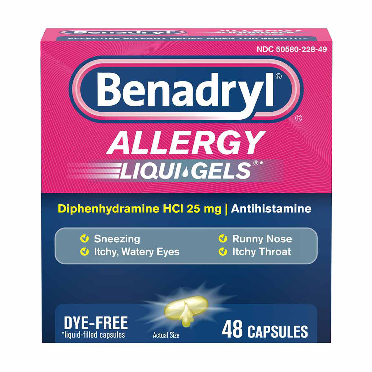 Benadryl Liqui-Gels Antihistamine Allergy Medicine & Cold Symptom Relief, Dye-Free Liquid Gels with 25 mg of Diphenhydramine HCl for Symptoms Such As, Runny Nose, Sneezing & More, 48 ct