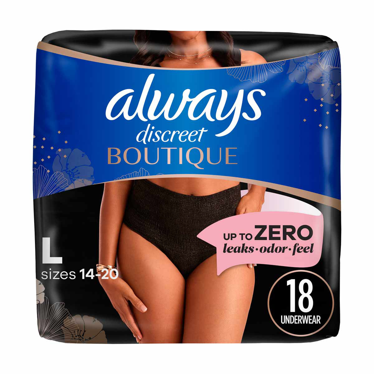 Always Discreet Boutique Underwear, Black - Size Large, 18 Ct