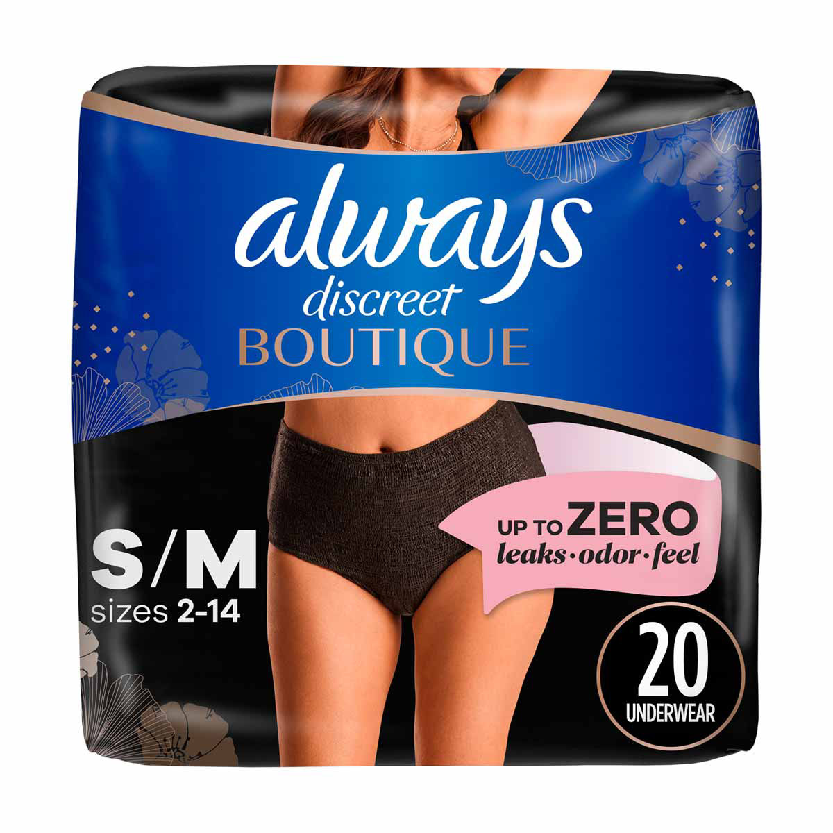 Always Discreet Boutique Underwear, Black - Size S/M, 20 Ct