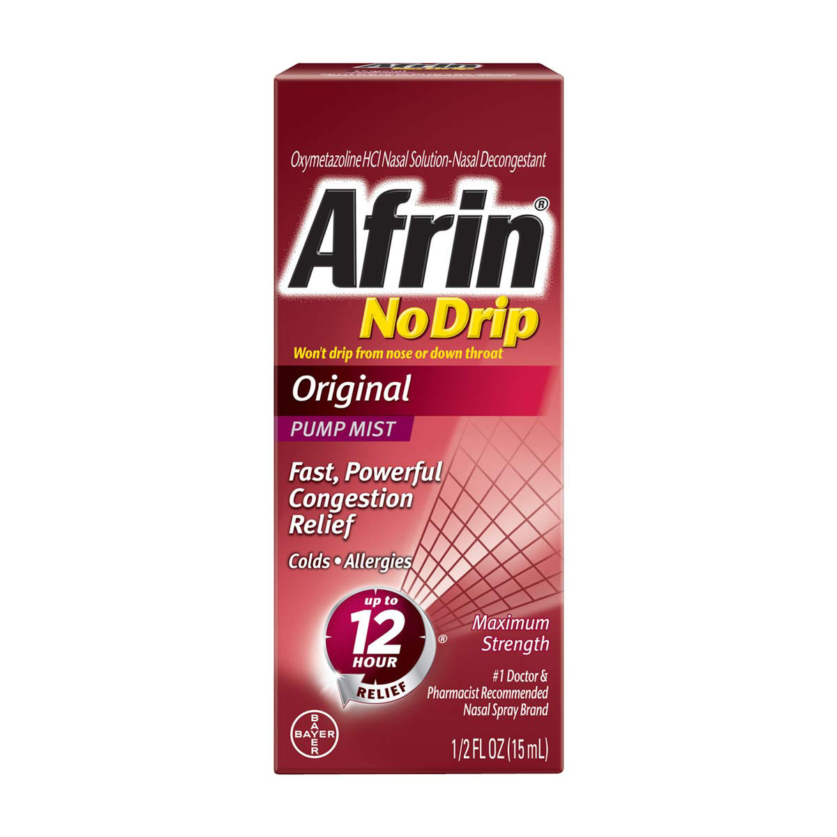 Afrin No Drip Original Maximum Strength 12 Hour Nasal Decongestant Pump Mist, 15 Ml