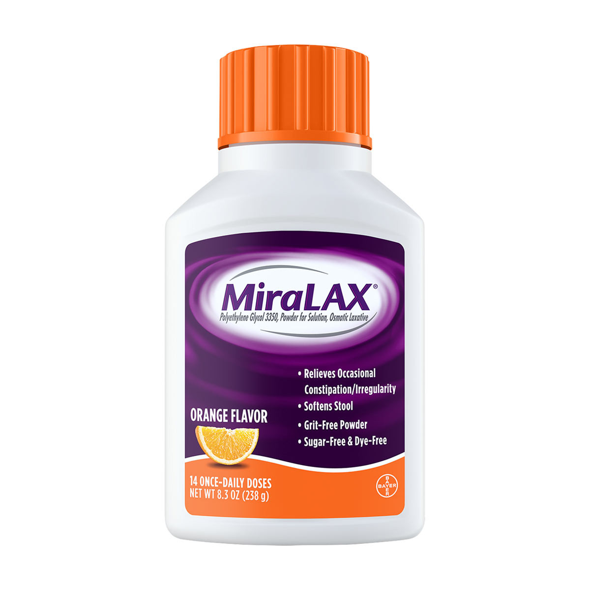 Miralax Orange Flavor Laxative Powder, 14 Doses - 8.3 oz