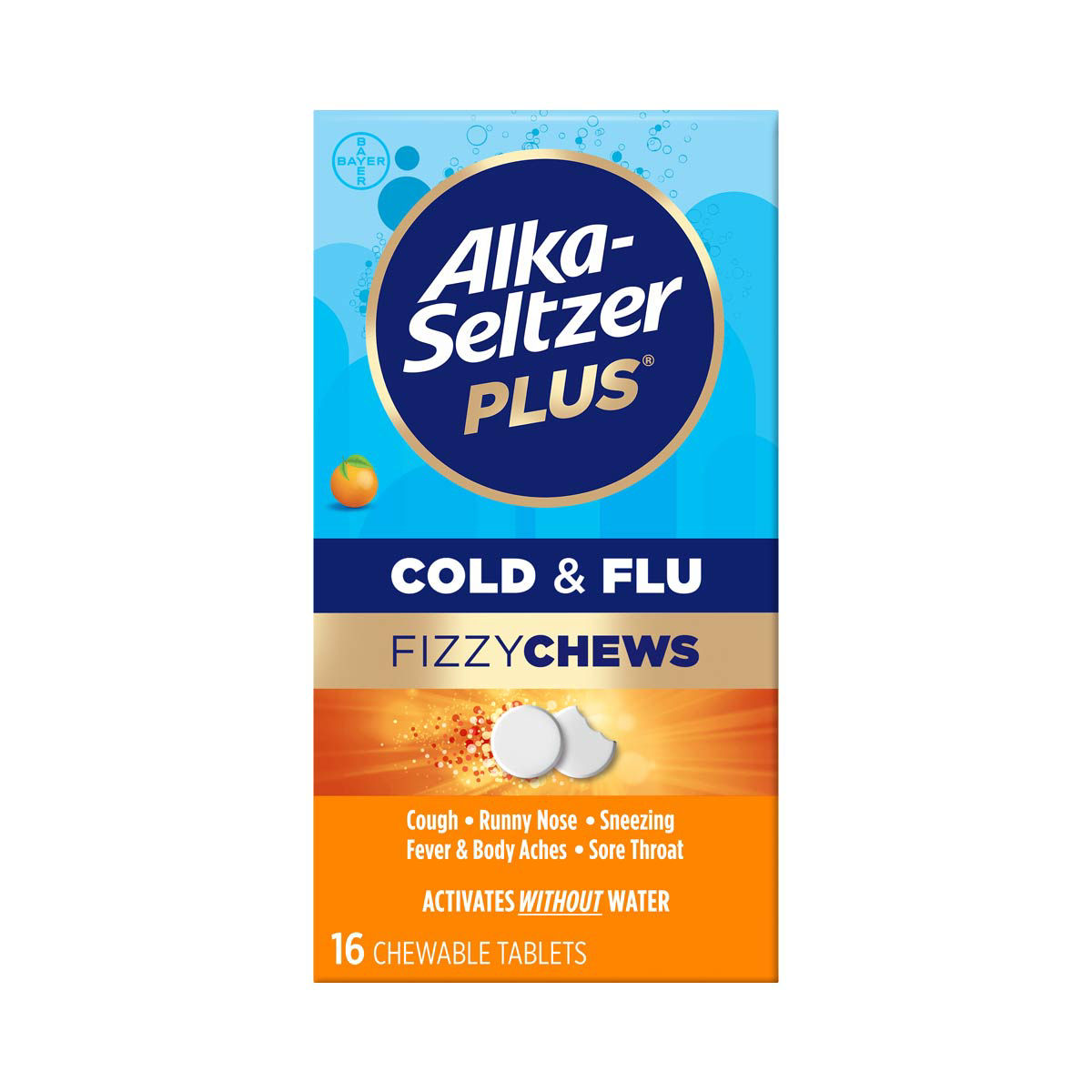 NEW Alka Seltzer Plus Cold & Flu Fizzy Chews, No Water Needed, Orange Flavor, 16 Count