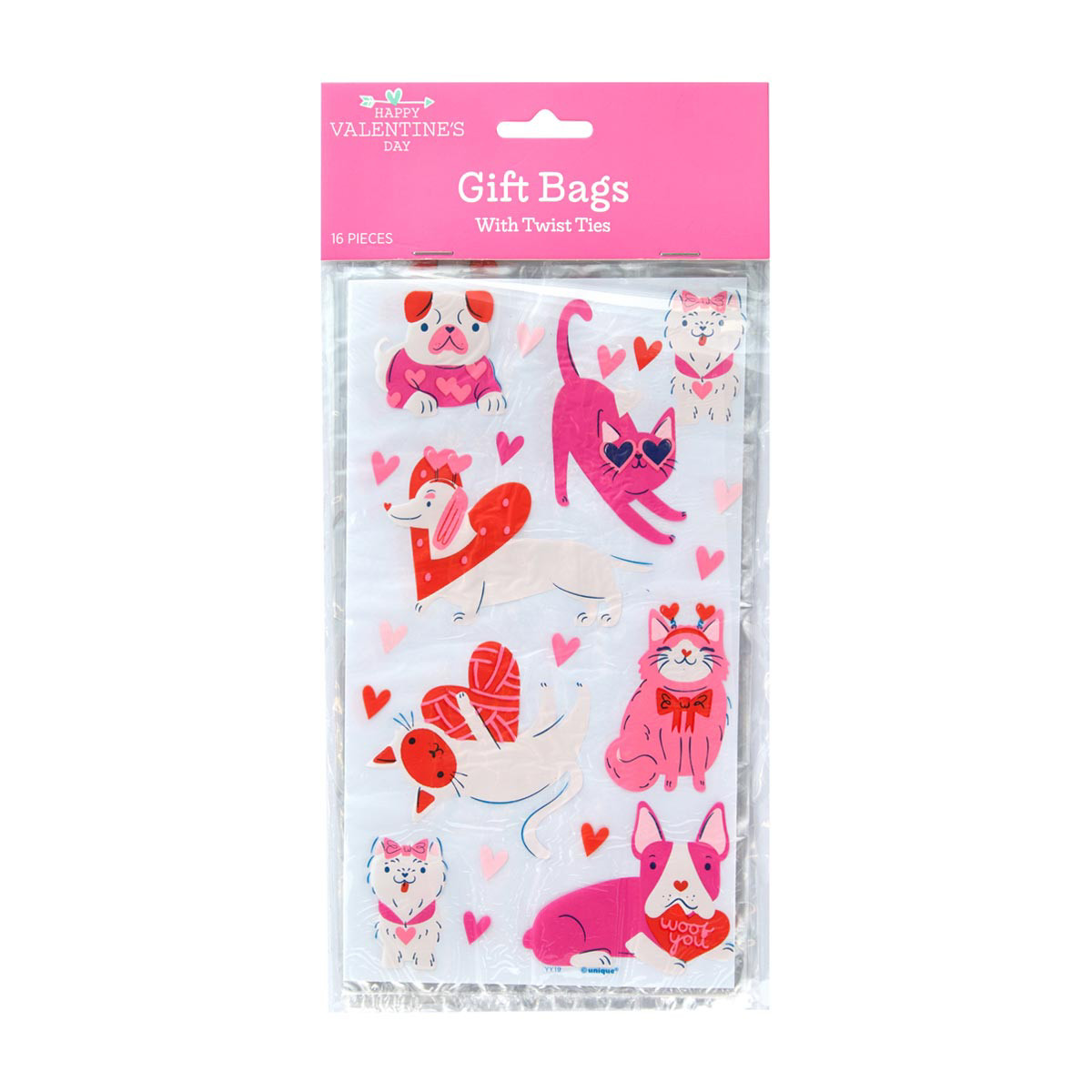 Happy Valentine's Day Pet Themed Gift Bags with Twist Ties, 16 ct