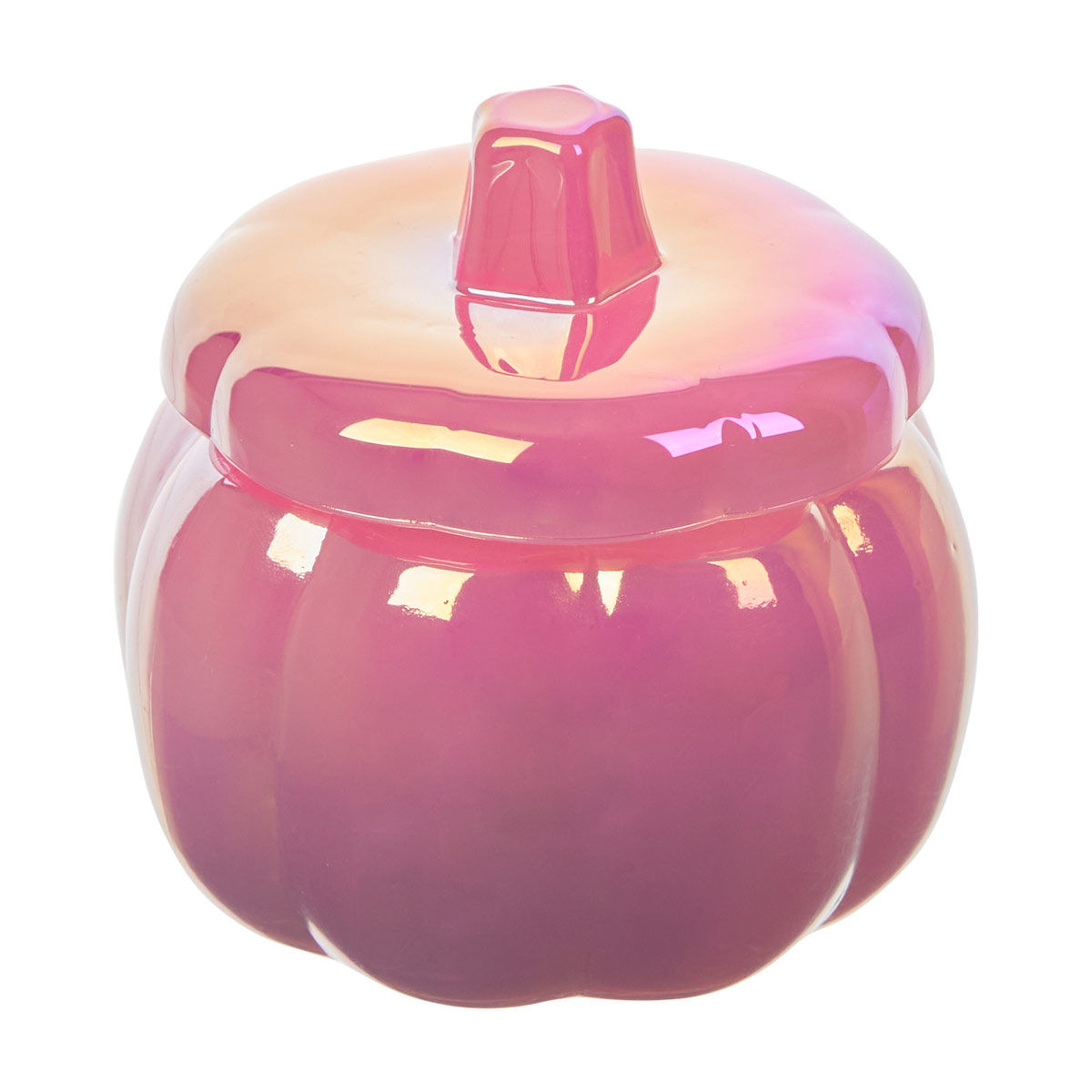 Halloween Glass Pumpkin-Shaped Pink Iridescent Candle, 7 oz