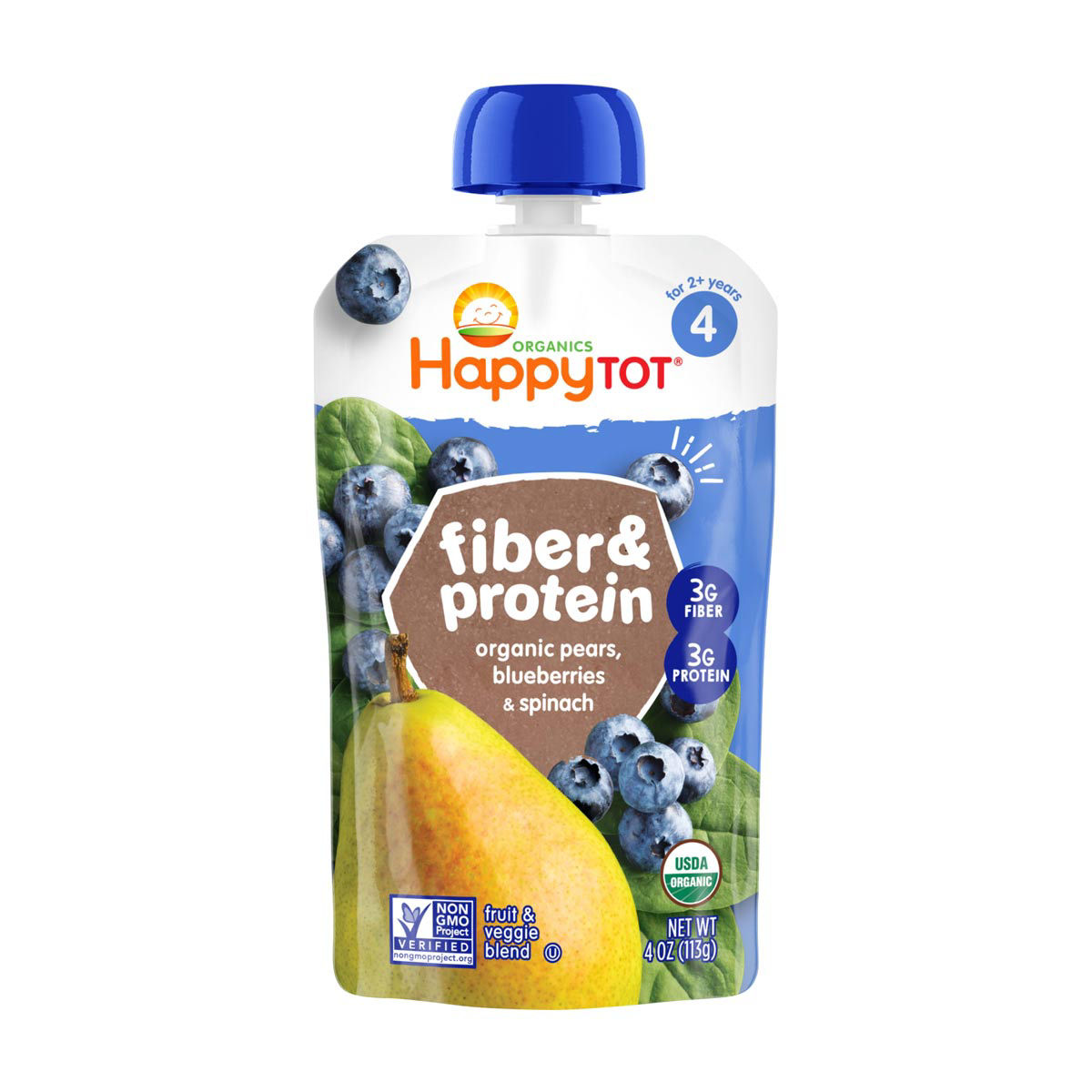 HappyTot Organics Fiber & Protein Pouch with Pears, Blueberries & Spinach, 4 oz