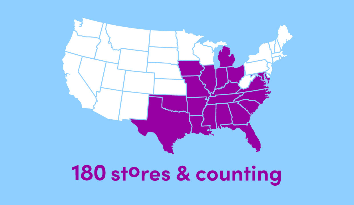 Map of USA with states with popshelf stores highlighted, indicating 180 stores and counting
