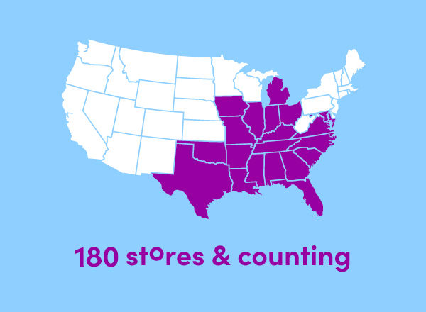 Map of USA with states with popshelf stores highlighted, indicating 180 stores and counting