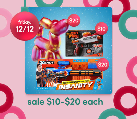 25 Days of Deals, Day 14, 12/12: sale $10-$20 each on 25-in plush balloon dog, Nerf gelfire legion blaster, Pokemon sticker collection & insanity rage dart shooter, reg. $16-$40 