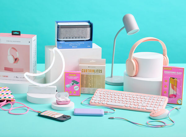 Back-to-school electronics: "neon" signs, desk lamp, keyboard & mouse, headphones, earpods, digital alarm clock, and cellphone cables & accessories.