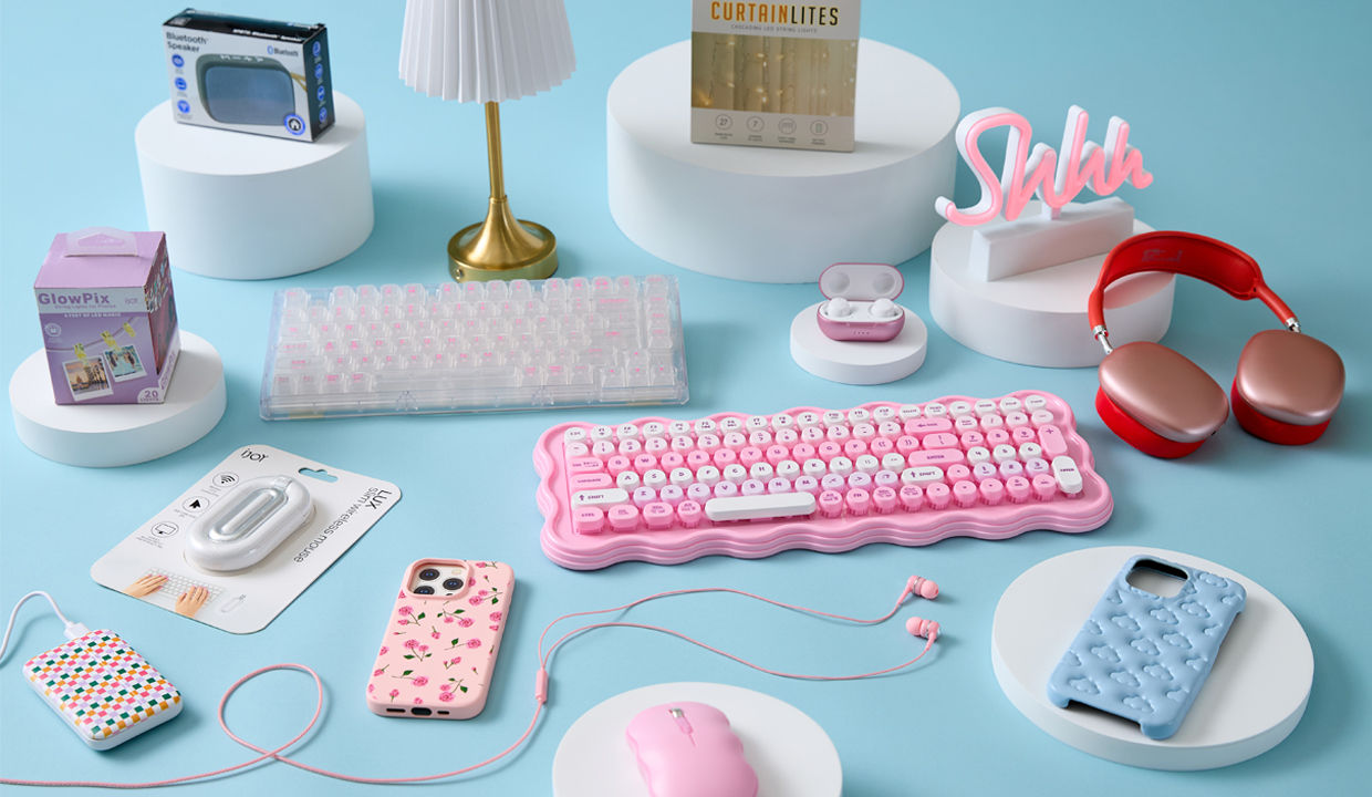 Back-to-school electronics: "neon" signs, lamp, keyboard & mouse, headphones, earpods, and cellphone cables & accessories.