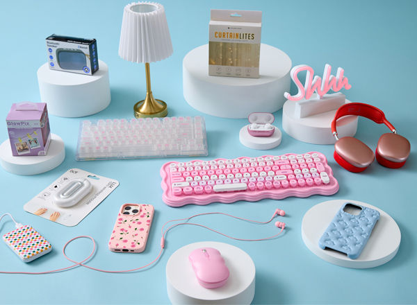 Back-to-school electronics: "neon" signs, lamp, keyboard & mouse, headphones, earpods, and cellphone cables & accessories.