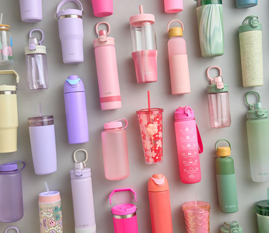 Colorful water bottles: stainless-steel insulated bottles and glass bottles in solid and colors, including dupes. 