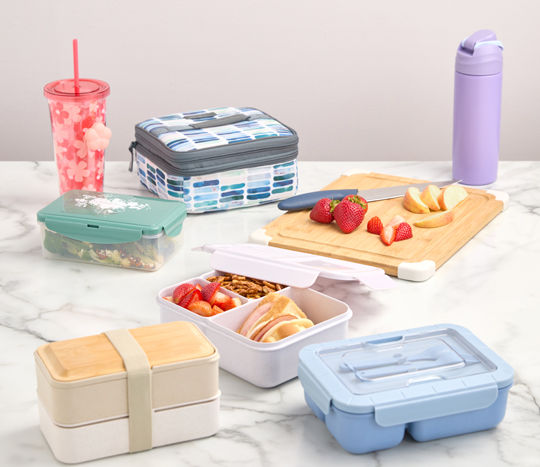 Back-to-school and work lunch food storage containers: glass, silicone, plastic, and bento boxes in multiple colors.