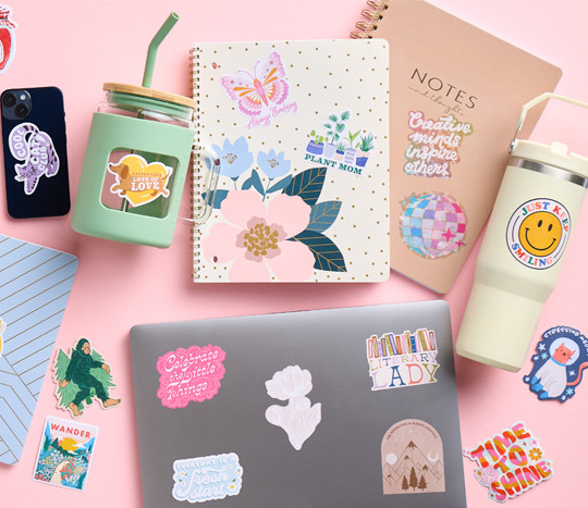 Personalize your notebooks, cups, laptop & more with cool die-cut stickers: rainbow, cool cat, plant mom, smiley face, rose, puppy & more.