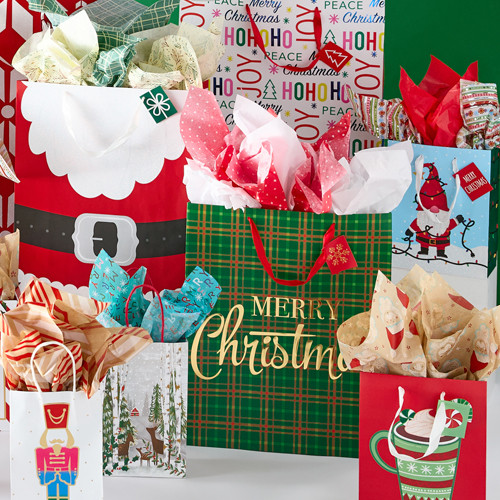 Christmas trim-a-gift with festive and affordable gift wrap, Christmas gift bags, tags, ribbon & bows.