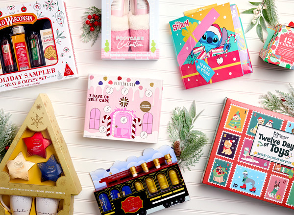 Gift sets from pOpshelf: Lindor Truffles & Mugs, Cheese & Sausage, Footcare Collection, 7 Days of Self Care, Stitch 12 Days of Socks, 12 Days of Pet Toys & more.