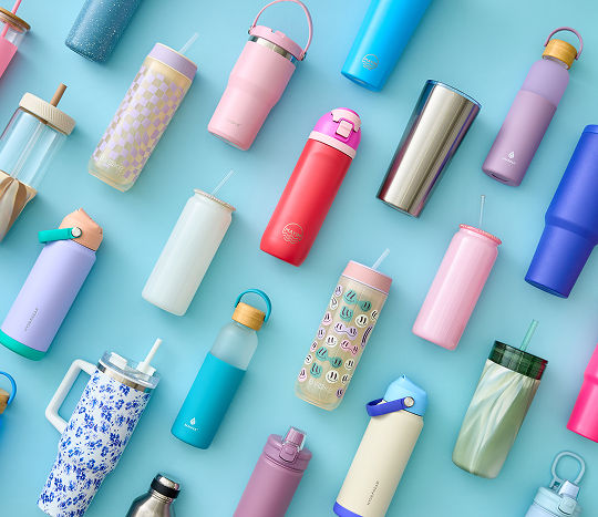 Colorful water bottles: stainless-steel insulated bottles and glass bottles in solid and colors, including dupes. 