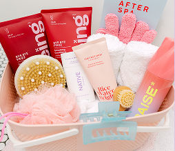 A basket of bathroom necessities from brands like being, Daise, and more from pOpshelf.