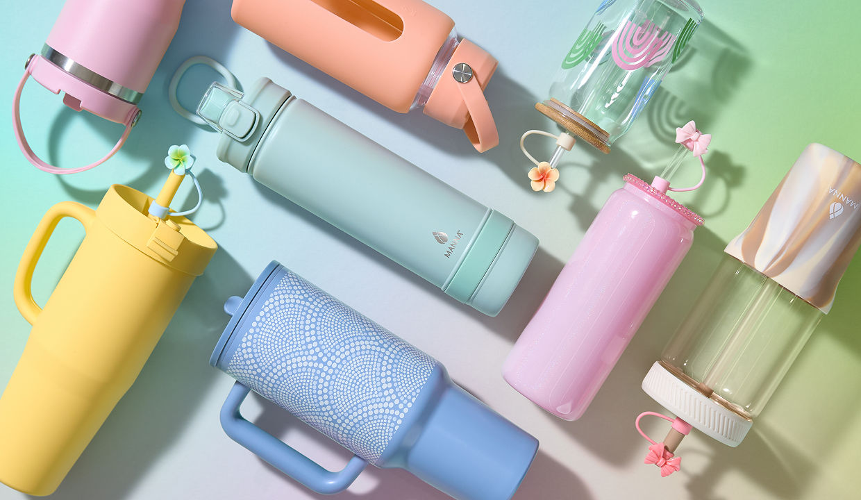 A pastel gradient background features affordable water bottles from pOpshelf in several pastel shades.