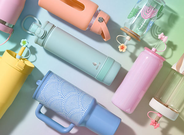 A pastel gradient background features affordable water bottles from pOpshelf in several pastel shades.