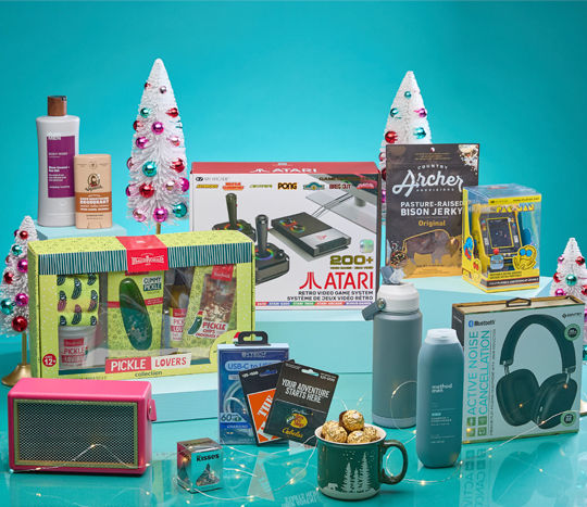 Gifts for men ifrom pOpshelf: watter bottle, Atari set, shaving and body essentials  headphones, bluetooth speaker, pickle gift set, candy & snacks.