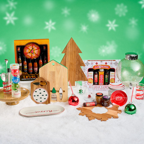 Gift ideas for the entertainer from pOpshelf: Cheese & Sausage gift set, wine glasses, wooden charcuterie boards, bar essentials, hot sauce set & more.