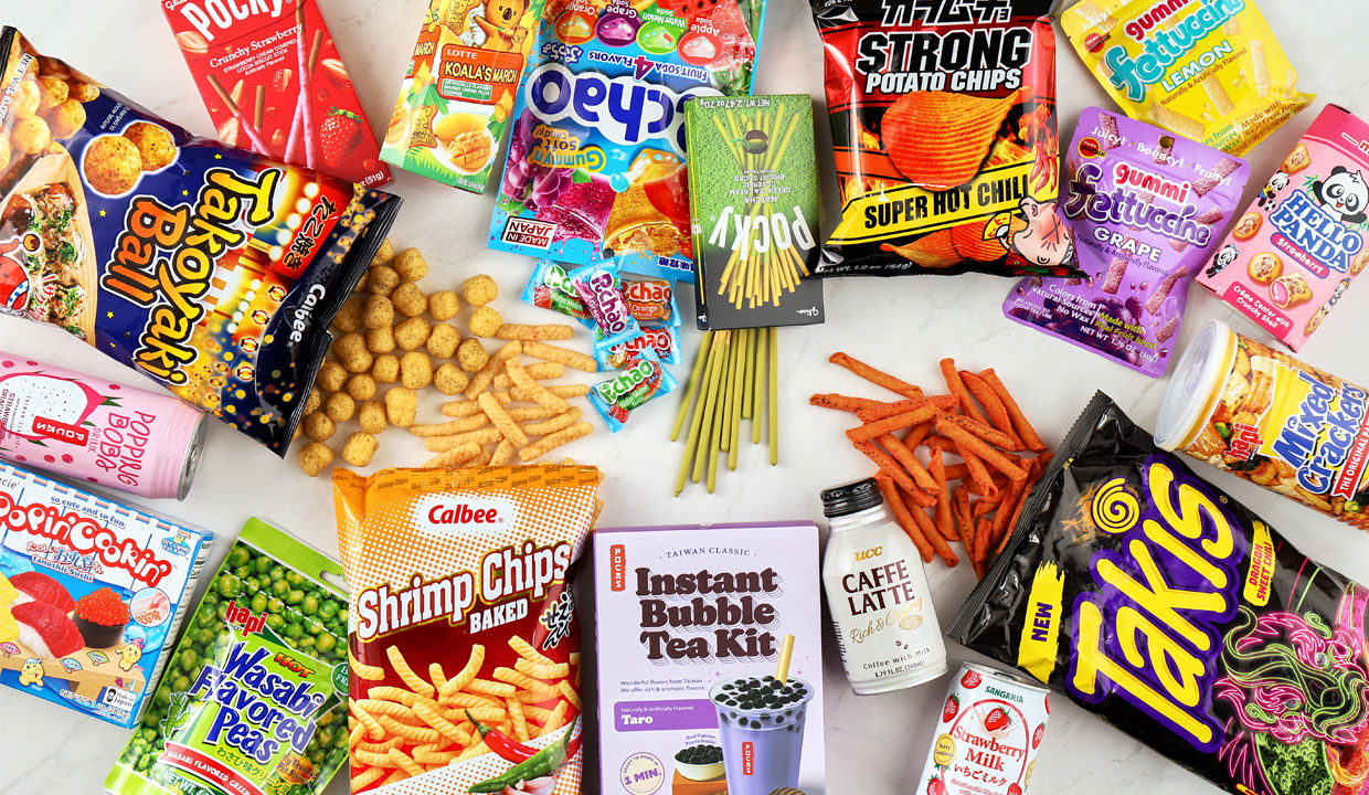 variety of snack foods opened with products coming out on tabletop