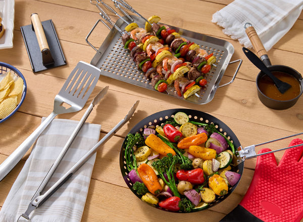 Grilling tools and accessories from pOpshelf: grill pan, grill sheet, long-handled tongs, spatula, burger press & more.