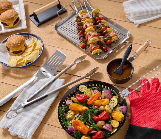 Grilling tools and accessories from pOpshelf: grill pan, grill sheet, long-handled tongs, spatula, burger press & more.