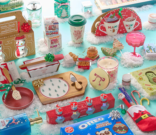 Christmas group gift ideas for coworkers, friends, teachers & more: mug with candy, bath gift sets, candles, charcuterie board set, candy, treats & more.