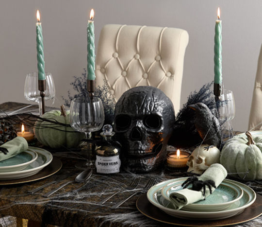 Halloween dining essentials: spider web table runner, black fiber-optic skull, green dinnerware, pumpkins, skeletons & more.