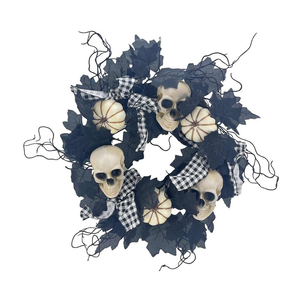 Halloween Skull and Black Leaf Wreath, 18 in
