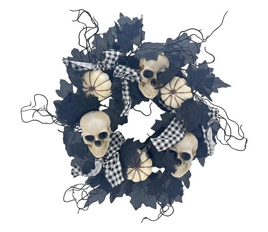 Halloween Skull and Black Leaf Wreath, 18 in