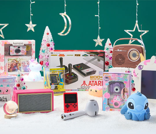 Electronic gifts from pOpshelf: Atari gaming system, bluetooth speaker, instant print camera, karaoke machine & more.