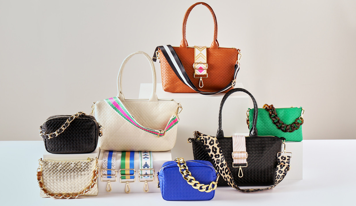 Purses and crossover bags in various sizes, colors, and designs with mix and match straps.