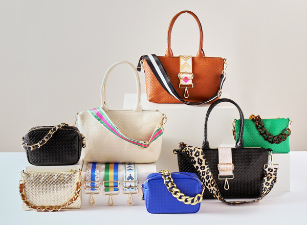 Purses and crossover bags in various sizes, colors, and designs with mix and match straps.