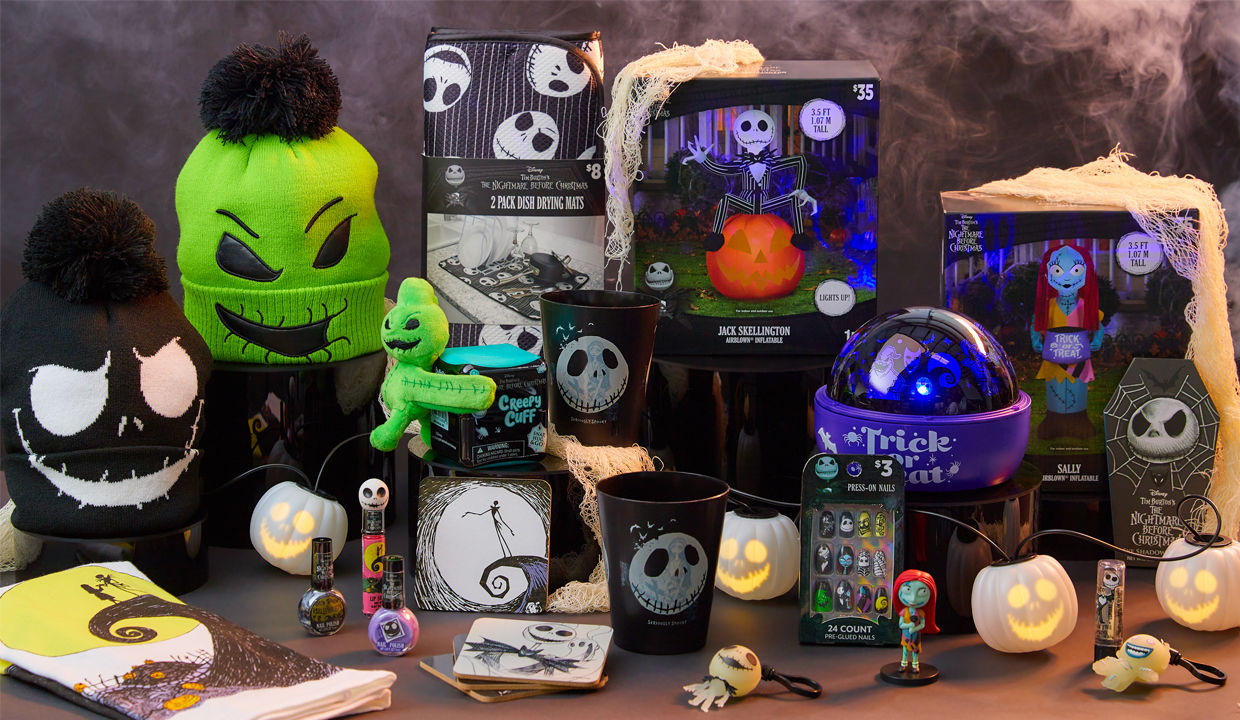 Nightmare Before Christmas movie-themed hats, lights, yard inflatables, kitchen towels, makeup, and more.