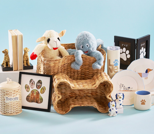 Gifts for pet lovers: bone-shaped baskets, paw frames, dog bookends, dog plates & mugs, treat containers, and insulated tumblers.
