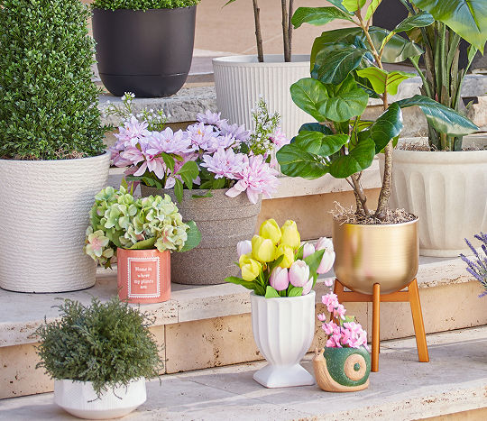 An assortment of affordable pots and planters from pOpshelf displayed on patio stairs.