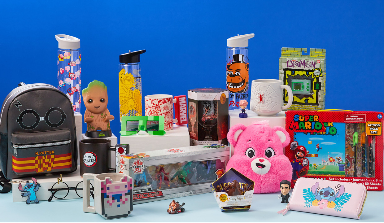 Pop culture merch featuring Harry Potter, Stitch, Minecraft, Anime, Super Mario Brothers, Care Bears & more.