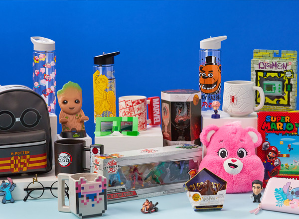 Pop culture merch featuring Harry Potter, Stitch, Minecraft, Anime, Super Mario Brothers, Care Bears & more.