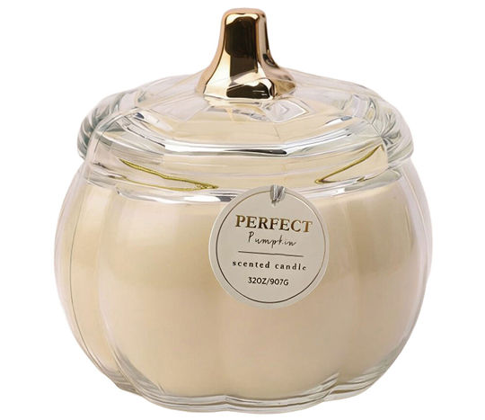 Perfect Pumpkin Scented Clear & Gold Pumpkin Shape Glass Candle, 32 oz