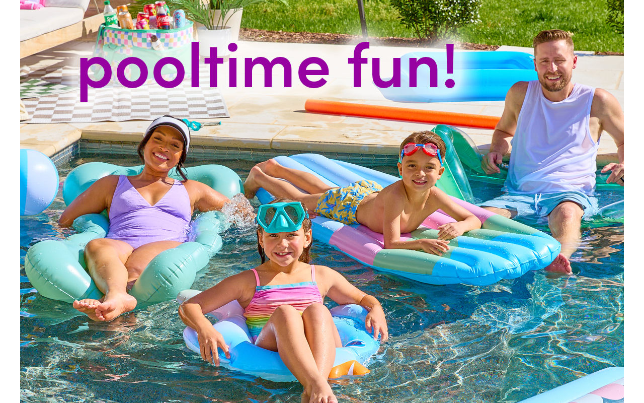 Family floating in the pool on rafts and pool floats from pOpshelf.