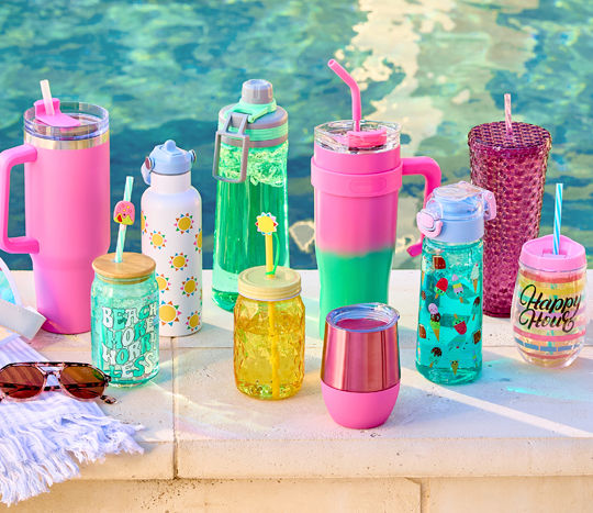 Poolside water bottles in various shapes, sizes, and colors from pOpshelf.