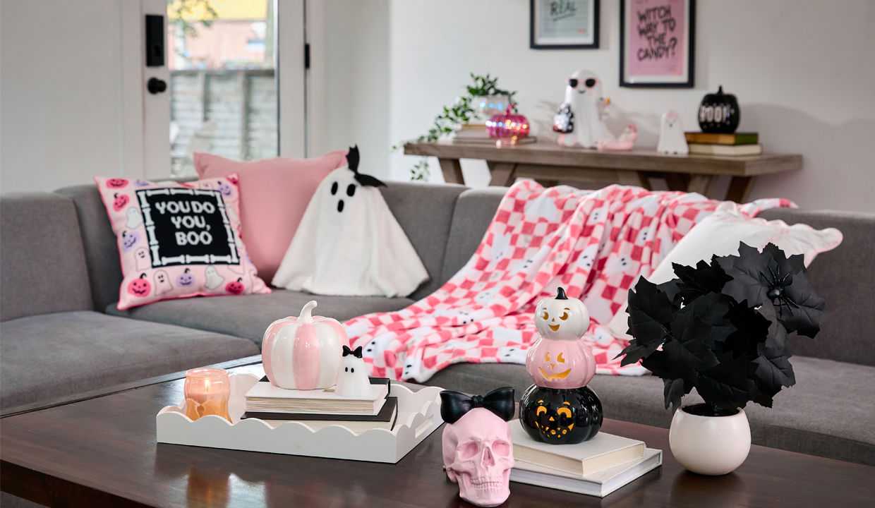 Livingroom decorated for summerween with pOpshelf's spooky-fun bootiful collection.