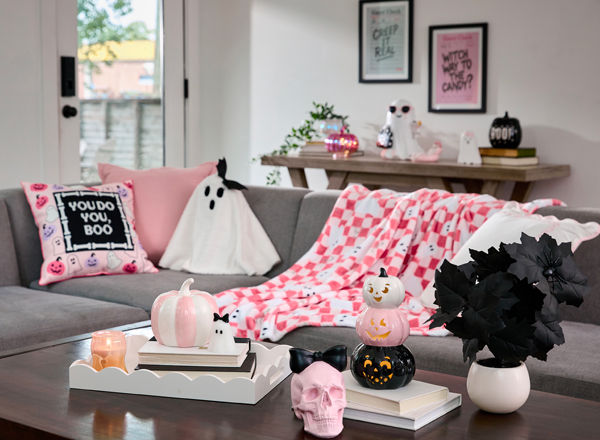Livingroom decorated for summerween with pOpshelf's spooky-fun bootiful collection.