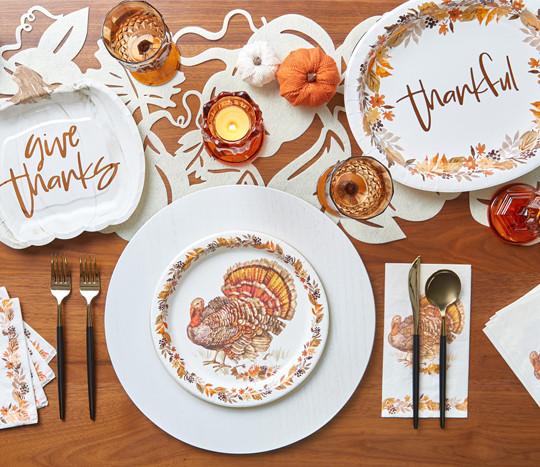 Thanksgiving paper party supplies: 'give thanks' pumpkin plates, 'thankful' oval plates, turkey party plates and napkins & more.