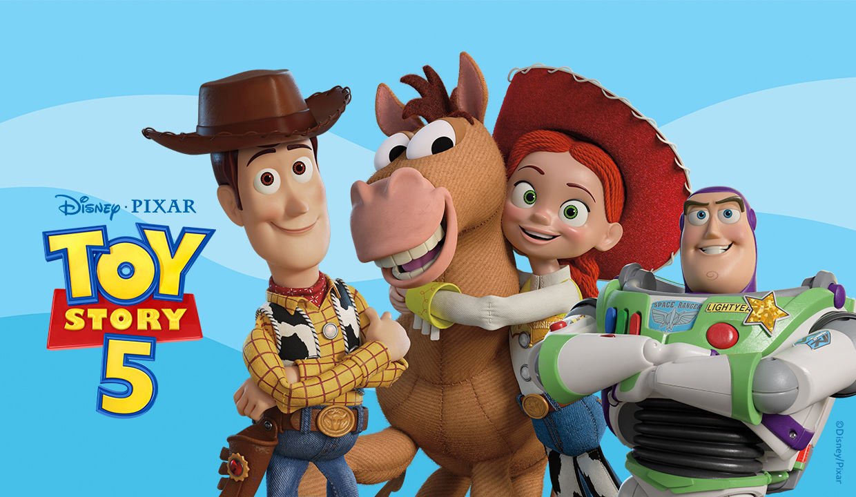 Disney Pixar’s Toy Story 5 movie poster featuring characters including Woody, Jessie, Bullseye, and.Buzz Lightyear.