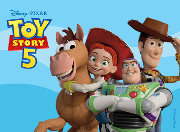 Disney Pixar’s Toy Story 5 movie poster featuring characters including Woody, Jessie, Bullseye, and.Buzz Lightyear.