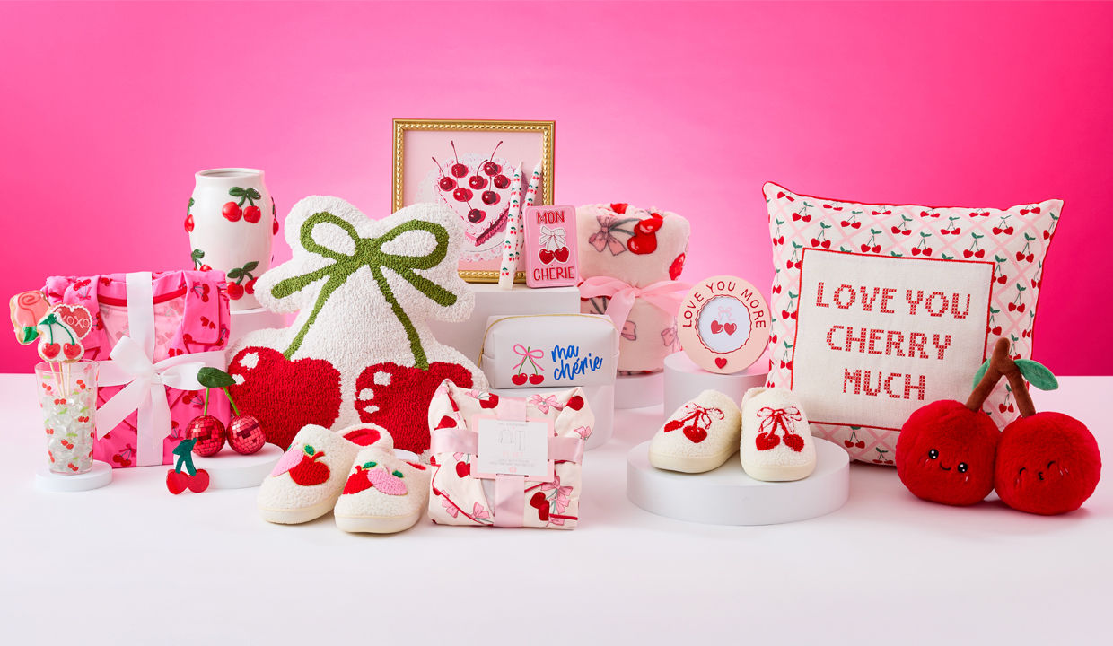 Valentine's Day Cherry Decor including pillows, slippers, plushies, mugs, art work and more